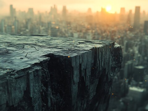 Dramatic Cliff Edge Overlooking a Misty Cityscape at Sunset, a sense of adventure