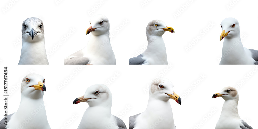 Poster close-up headshots of multiple seagulls in various profiles isolated on a transparent background wit