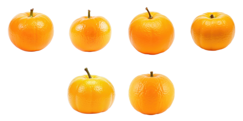 Six seedless Mandarin oranges arranged in various positions isolated on a transparent background showcasing their vibrant orange color and textured skin.