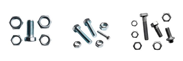 Naklejka na ściany i meble various metal bolts and nuts isolated on a transparent background arranged in three different groupings showcasing different sizes and styles of fasteners