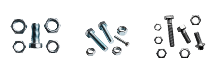 various metal bolts and nuts isolated on a transparent background arranged in three different groupings showcasing different sizes and styles of fasteners