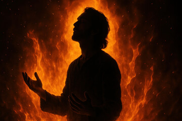 Man in front of fire.