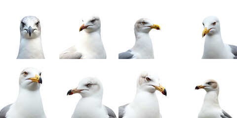Fototapeta premium Close-up headshots of multiple seagulls in various profiles isolated on a transparent background with blurred backdrop for emphasis on the birds
