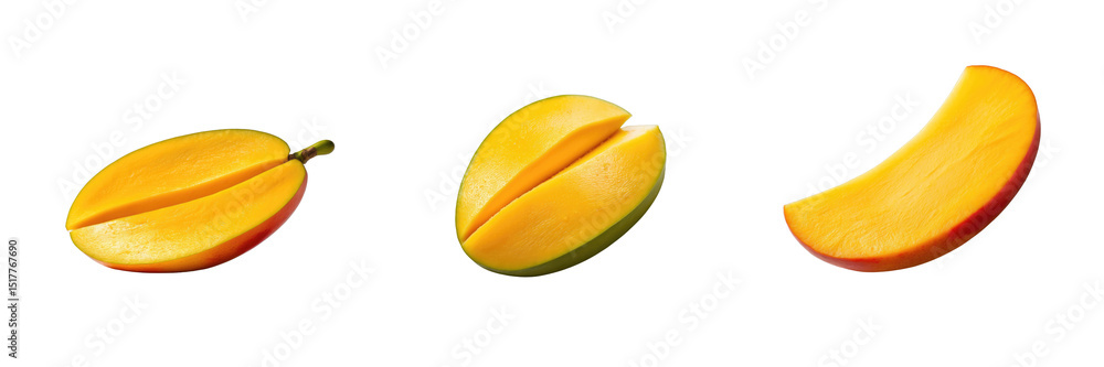Aufkleber fresh ripe mango slices arranged in various orientations isolated on a transparent background demons