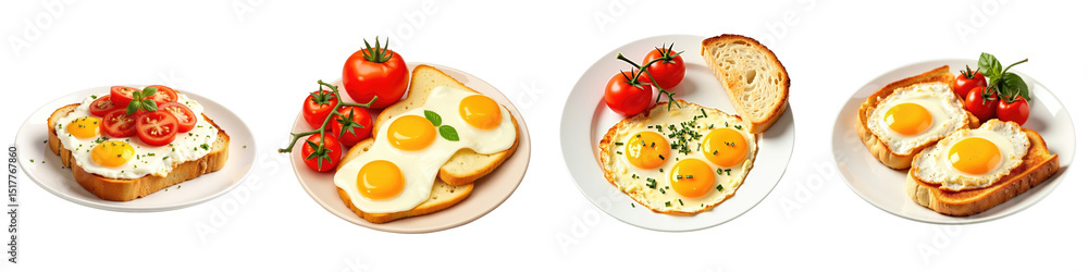 Poster collection of isolated plates featuring fried eggs with various toppings including tomatoes and toas