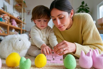 Fototapeta premium Young caucasian mother teaching child puzzle play indoors with soft toys