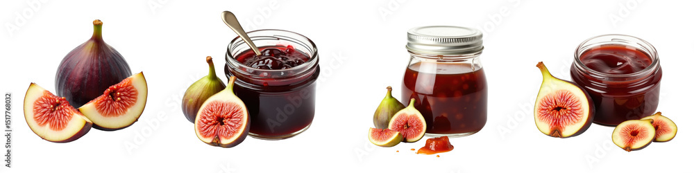 Poster fig jam in jars with fresh figs and cross-sectioned figs on transparent background isolated with tra