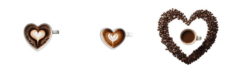 Heart-shaped coffee cups with latte art and a heart made of coffee beans, isolated on transparent background, focusing on coffee theme and beverage presentation.