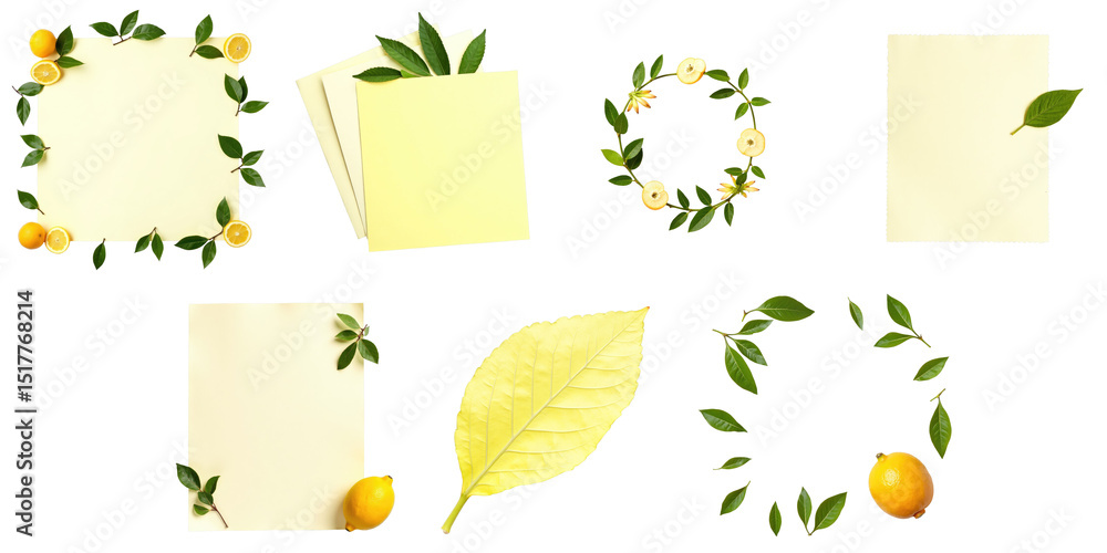 Poster bergamot fruit and green leaves arranged around yellow note papers and circular frames on a transpar