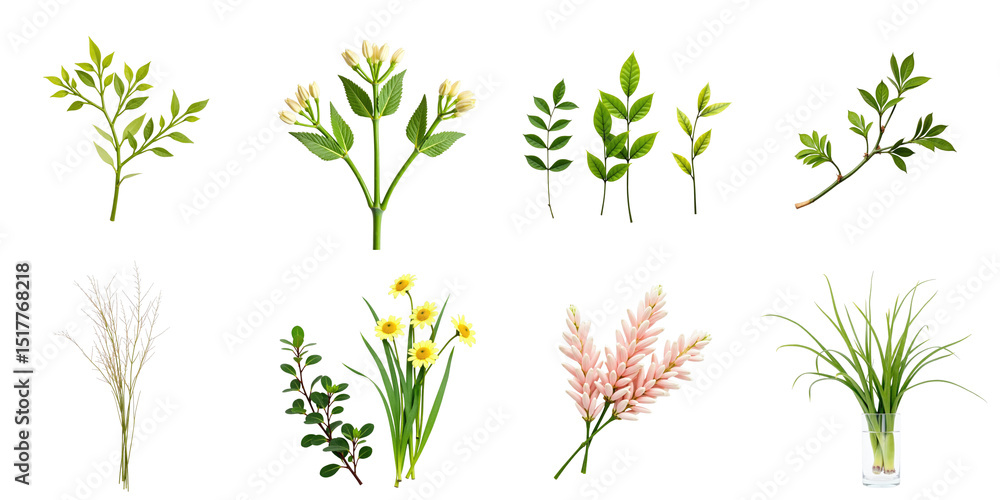 Poster assorted decorative plants and flowers isolated on a transparent background including leaves stems a