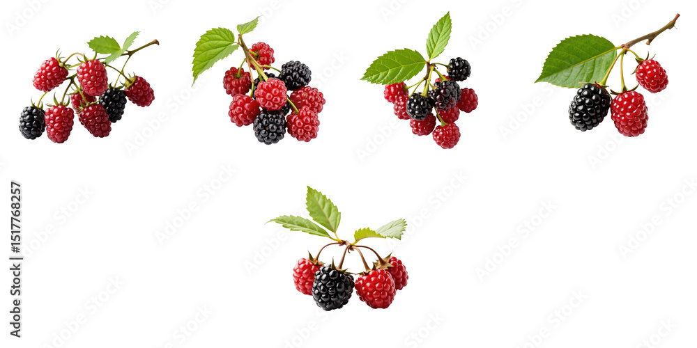 Aufkleber fresh ripe and unripe mulberries in red and transparent shades with green leaves isolated on a trans