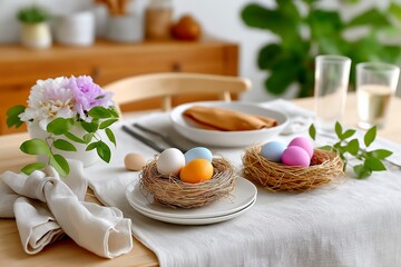 Colorful easter eggs in nests on elegant dining table with spring decor