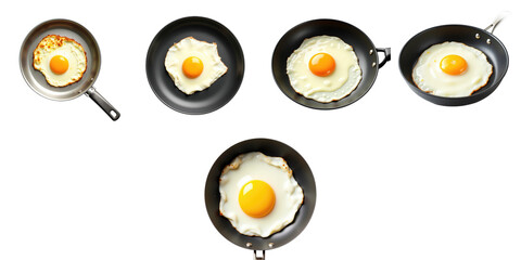 Variety of fried eggs in transparent frying pans isolated on transparent background showcasing different cooking stages and textures of the eggs