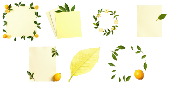 Bergamot fruit and green leaves arranged around yellow note papers and circular frames on a transparent background with isolated elements for design use.
