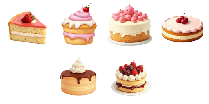 variety of colorful cakes including slice of strawberry cake, frosted cupcake, round cake with pink frosting, and chocolate topped cake isolated on transparent background
