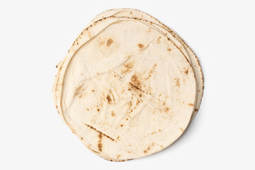 Thin lavash isolated on white background. Armenian unleavened lavash. Lavash as textured bread background.	

