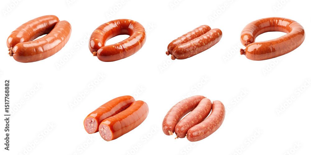 Poster various types of fresh homemade sausages displayed on a transparent background showcasing different 