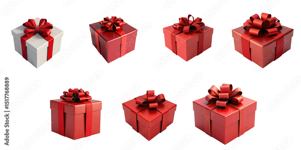 Poster collection of various gift boxes with red ribbons and bows on transparent background featuring diffe