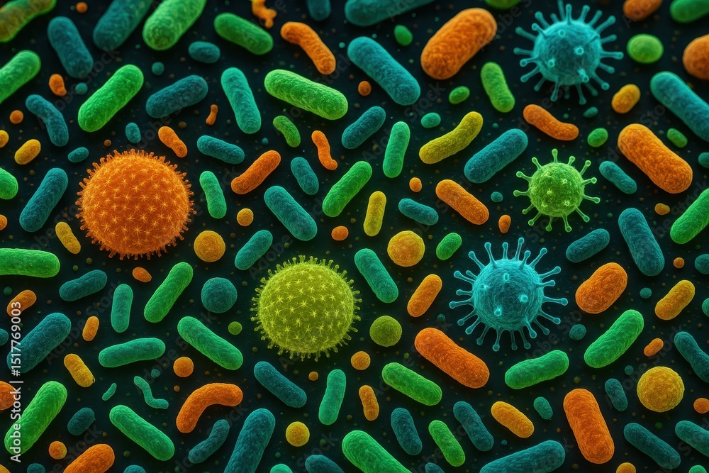 Poster microscopic view of diverse microorganisms in a research study on microbiome behavior and interactio