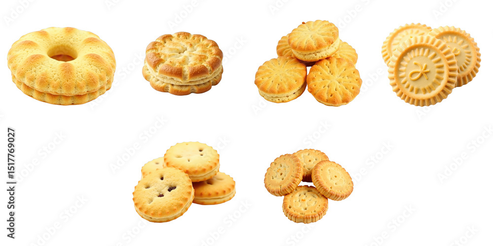 Poster assorted biscuits displayed against a transparent background featuring various shapes and textures i