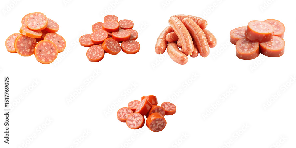 Poster variety of boiled sausage slices arranged on a transparent background including whole sausages and s