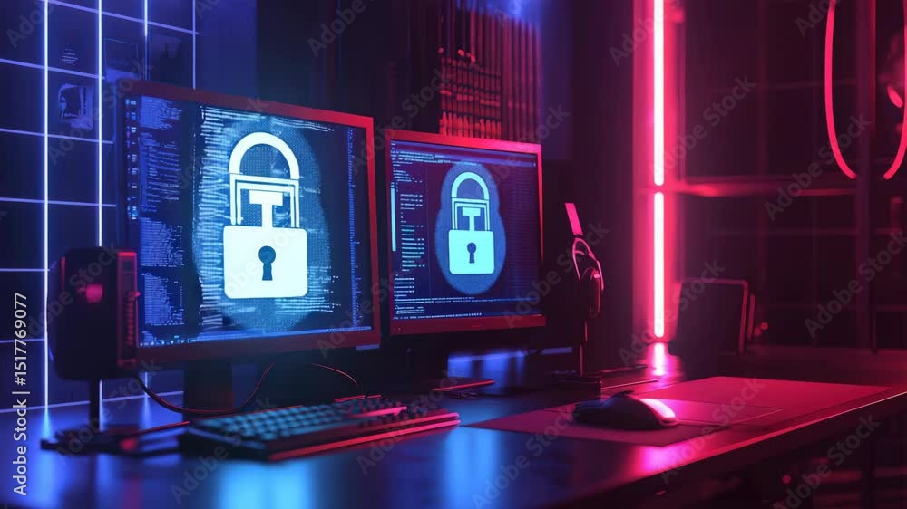 Poster A dual-monitor workstation with coding software is illuminated by vibrant neon lights, creating a modern tech environment.