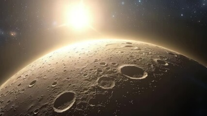 The sun rises over a cratered lunar surface with stars visible in deep space beyond the horizon. - Powered by Adobe