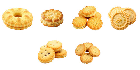 Assorted biscuits displayed against a transparent background featuring various shapes and textures including round, patterned, and filled cookies.