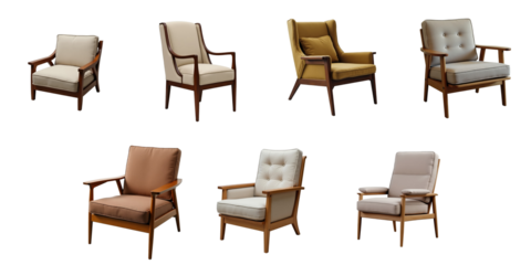 Set of fabric upholstered retro wooden chairs in various colors and designs arranged on a transparent background for interior design and decor purposes.