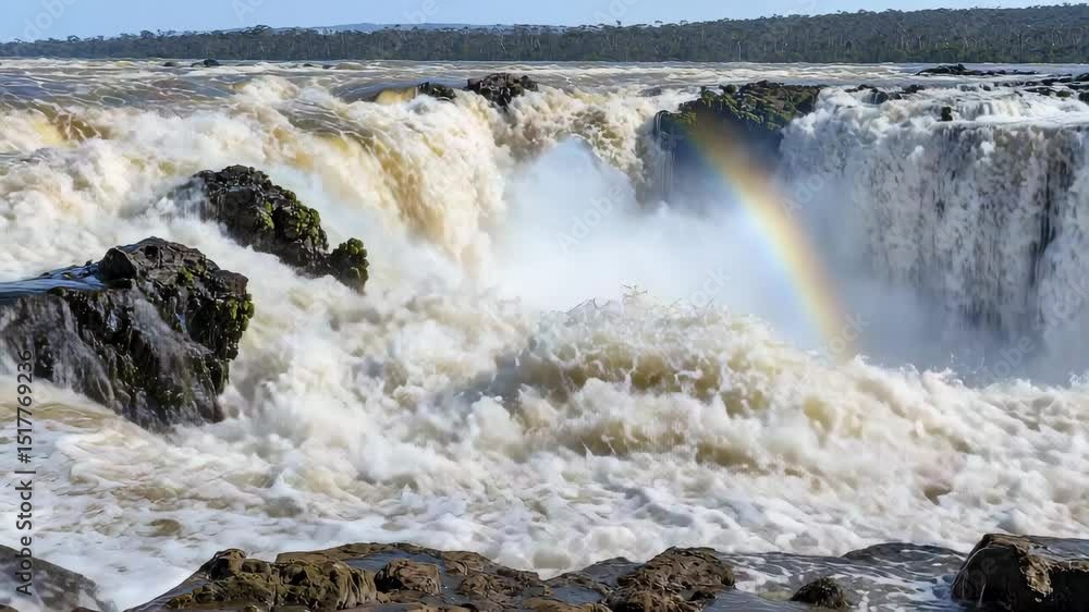 Poster powerful waterfall crashing over rocks with mist rising and a rainbow faintly visible above the turb