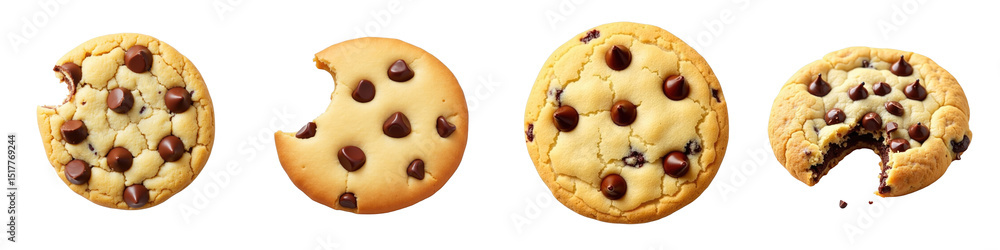 Aufkleber bitten and whole chocolate chip cookies arranged on a transparent background showcasing different sh