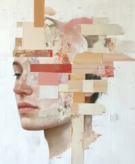 Surreal female portrait combining realism and abstract collage. Muted tones and wood textures blend with fragmented facial features, evoking introspection and digital deconstruction.