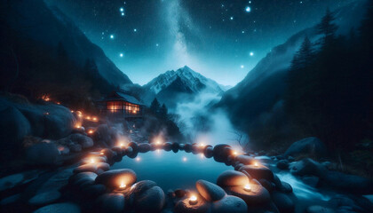 The hidden mountain hot spring at night, Ai generated image