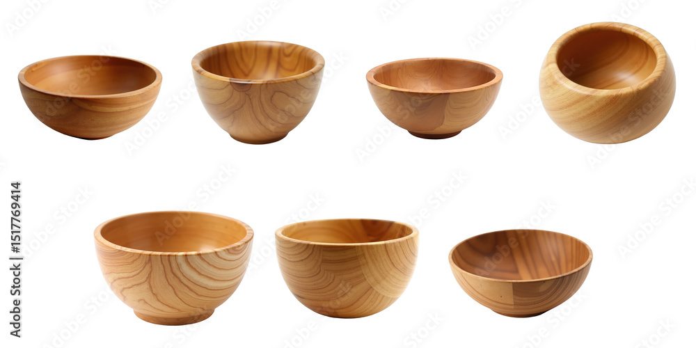 Poster set of seven wooden bowls in various shapes and sizes arranged on a transparent background showcasin