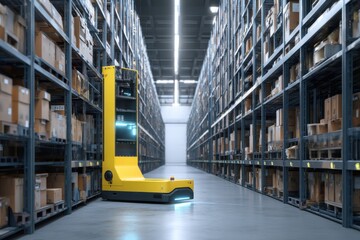 Autonomous forklift navigating warehouse aisles