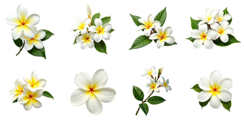 multiple frangipani flowers and leaves arrangement isolated on transparent background featuring various shapes and sizes of plumeria blossoms with distinct white and yellow colors