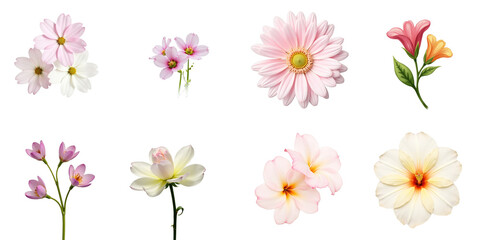 Collection of eight assorted flowers isolated on a transparent background featuring pink daisies, lilies, orchids, and other floral varieties with leaves and blossoms in various arrangements.
