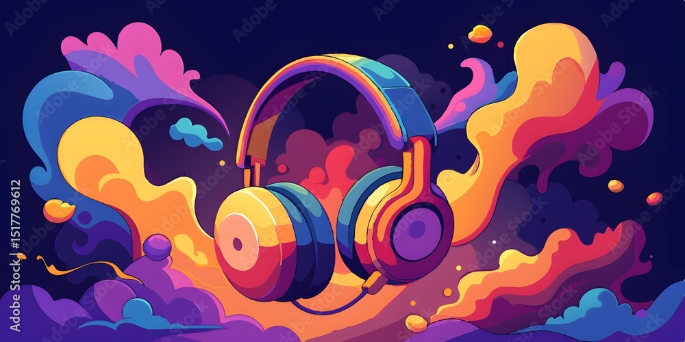 Poster vibrant headphones surrounded by colorful abstract shapes and clouds creating a dynamic and energeti