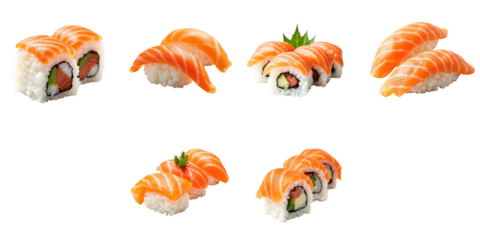 fresh assorted japanese sushi rolls including salmon and smoked conger on a transparent background featuring rice and nori components arranged aesthetically