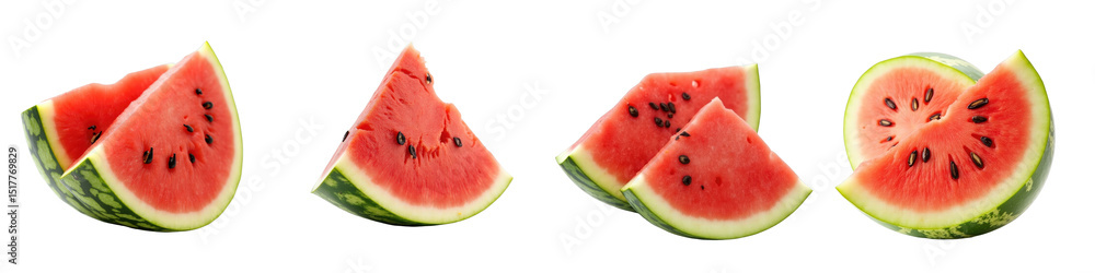Poster fresh watermelon slices arranged in various orientations on a transparent background isolated with t