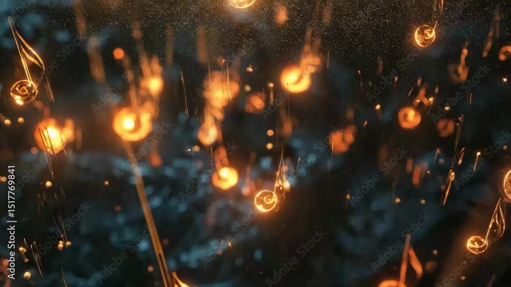 Poster glowing musical notes and swirling spheres float in a dark, cosmic-like space, creating a vibrant mu