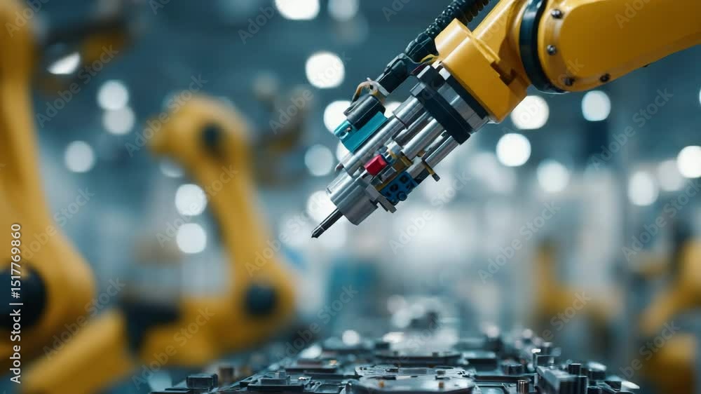 Poster yellow robotic arms perform precise and repetitive operations on a circuit board in a technologicall