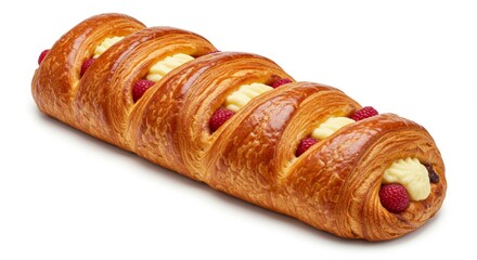 Delicious raspberry and cream filled braided pastry isolated on white background
