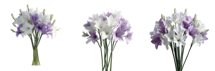 Bunch of purple and white Alstroemeria flowers arranged in three distinct groupings isolated on a transparent background showcasing their beauty and detail