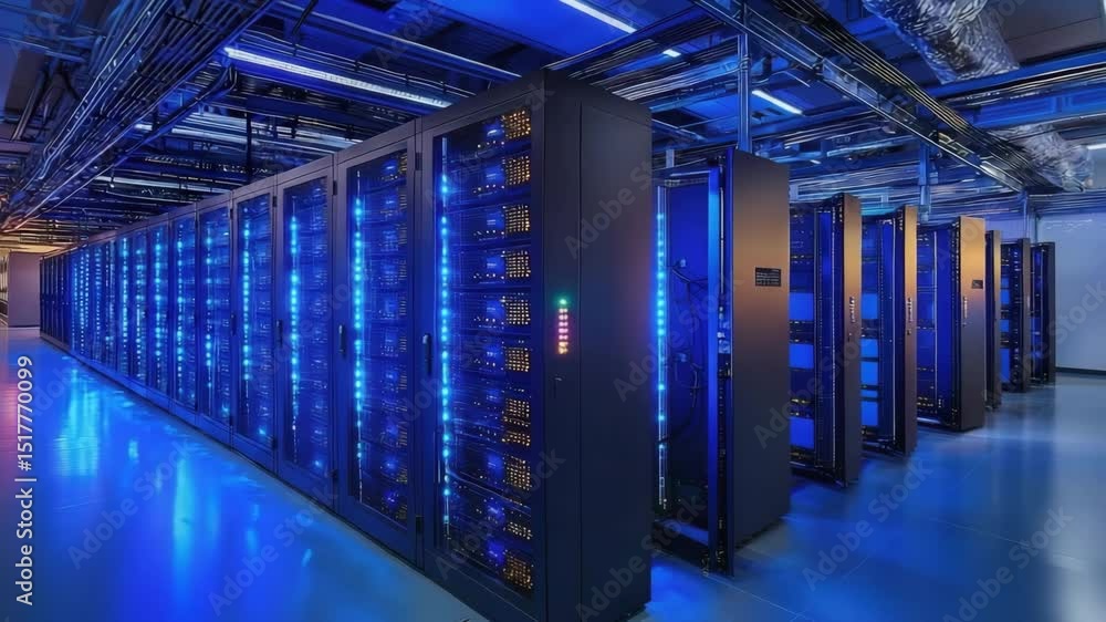 Poster A modern data center with rows of illuminated server racks under blue lighting.
