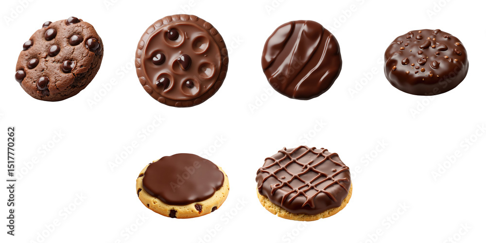Poster assorted chocolate cookies with varying textures and toppings isolated on transparent background ide