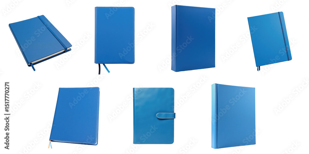 Poster variety of blue notebooks displayed at different angles isolated on transparent background with tran