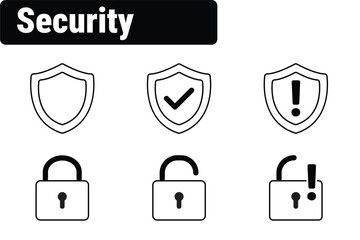 set of security icon set including shields, locks, and alert symbols. Ideal for cybersecurity, data protection