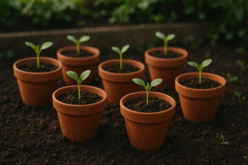 Fototapeta premium Young plants growing in small pots.