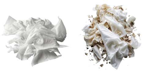 Close-up of crumpled white tissue paper waste on a transparent background showcasing different textures and shades of used tissues completely isolated for conceptual purposes